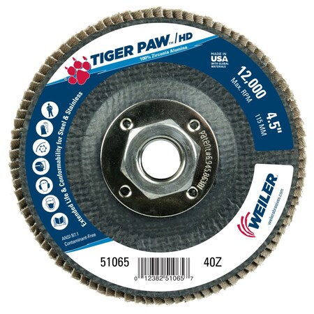 Weiler 4-1/2" Tiger Paw Density Flap Disc, Angled (TY29), 40Z, 5/8"-11 UNC 51065